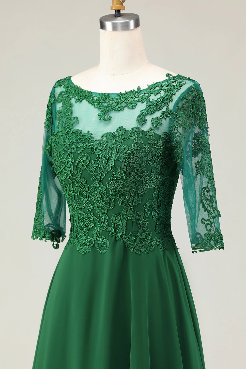 Robe Midi Mère de la Mariée Verte Une Ligne Appliquée Avec Manches - Image 6