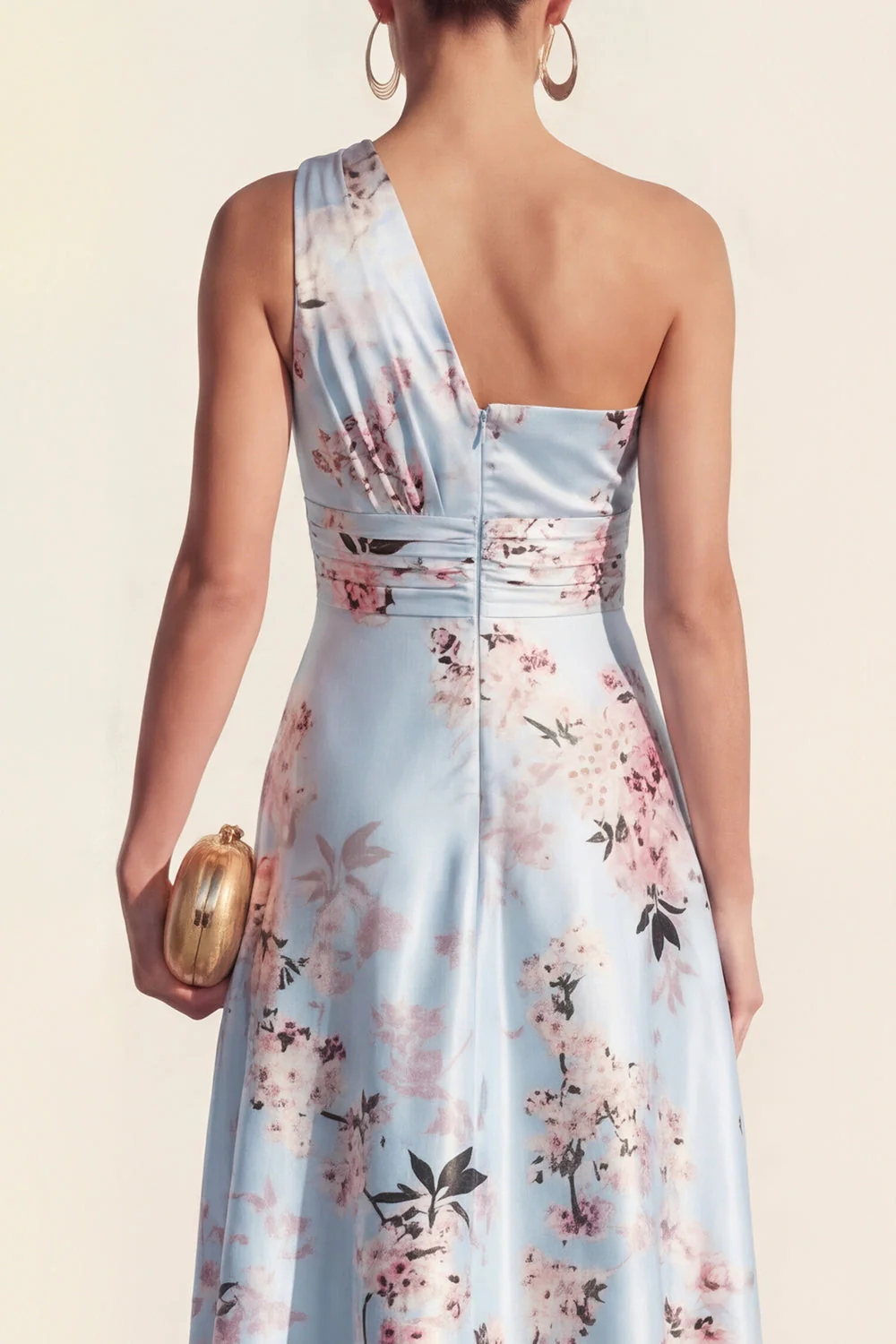 Robe midi midi imprimée bleu à une épaule A Line - Image 4