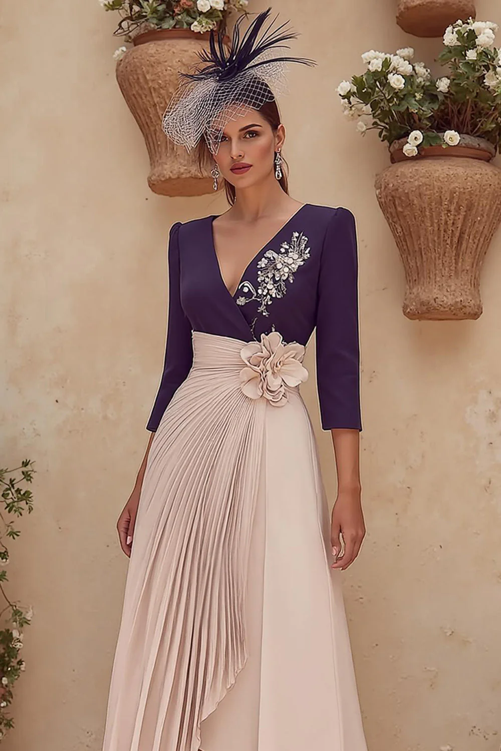 Robe midi midi maman de la mariée à col en V violet avec fleur 3D - Image 2