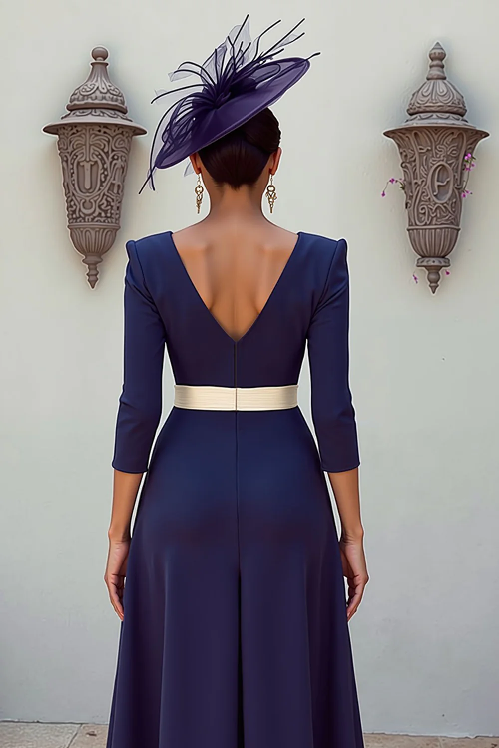 Robe midi midi marme de la mariée à col en V bleu marine avec des appliqués - Image 7