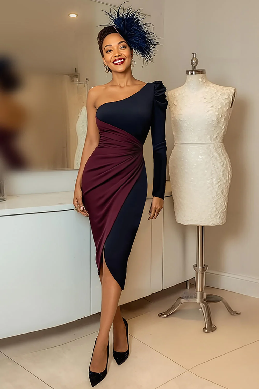 Robe Midi Midi Ruguignon Et Marine Une Épaule Unie De La Mère De La Mariée