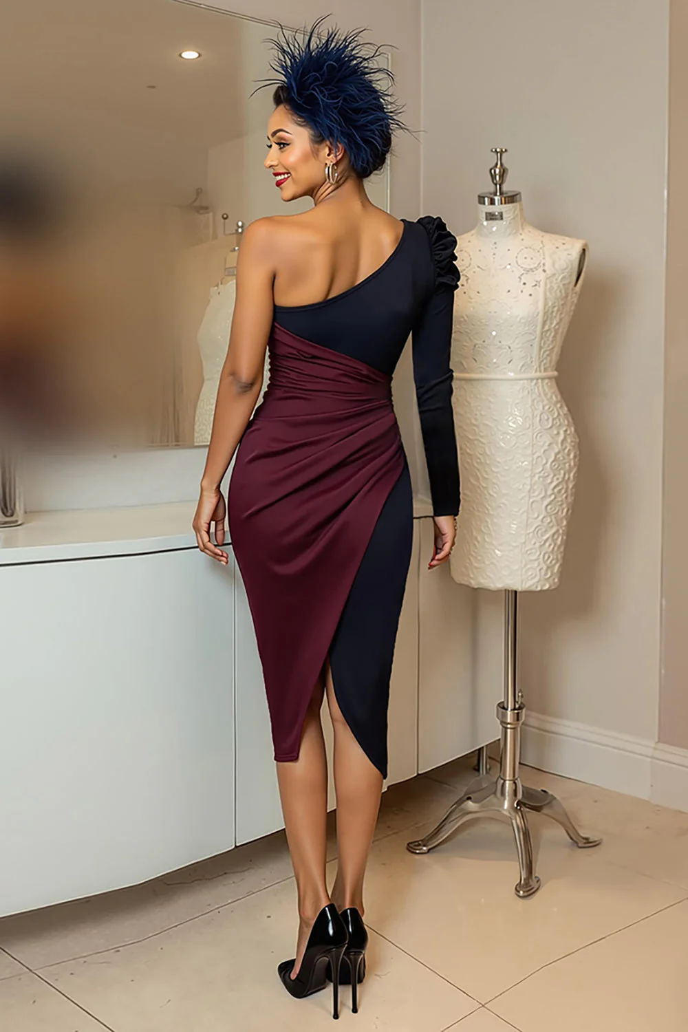 Robe Midi Midi Ruguignon Et Marine Une Épaule Unie De La Mère De La Mariée - Image 2
