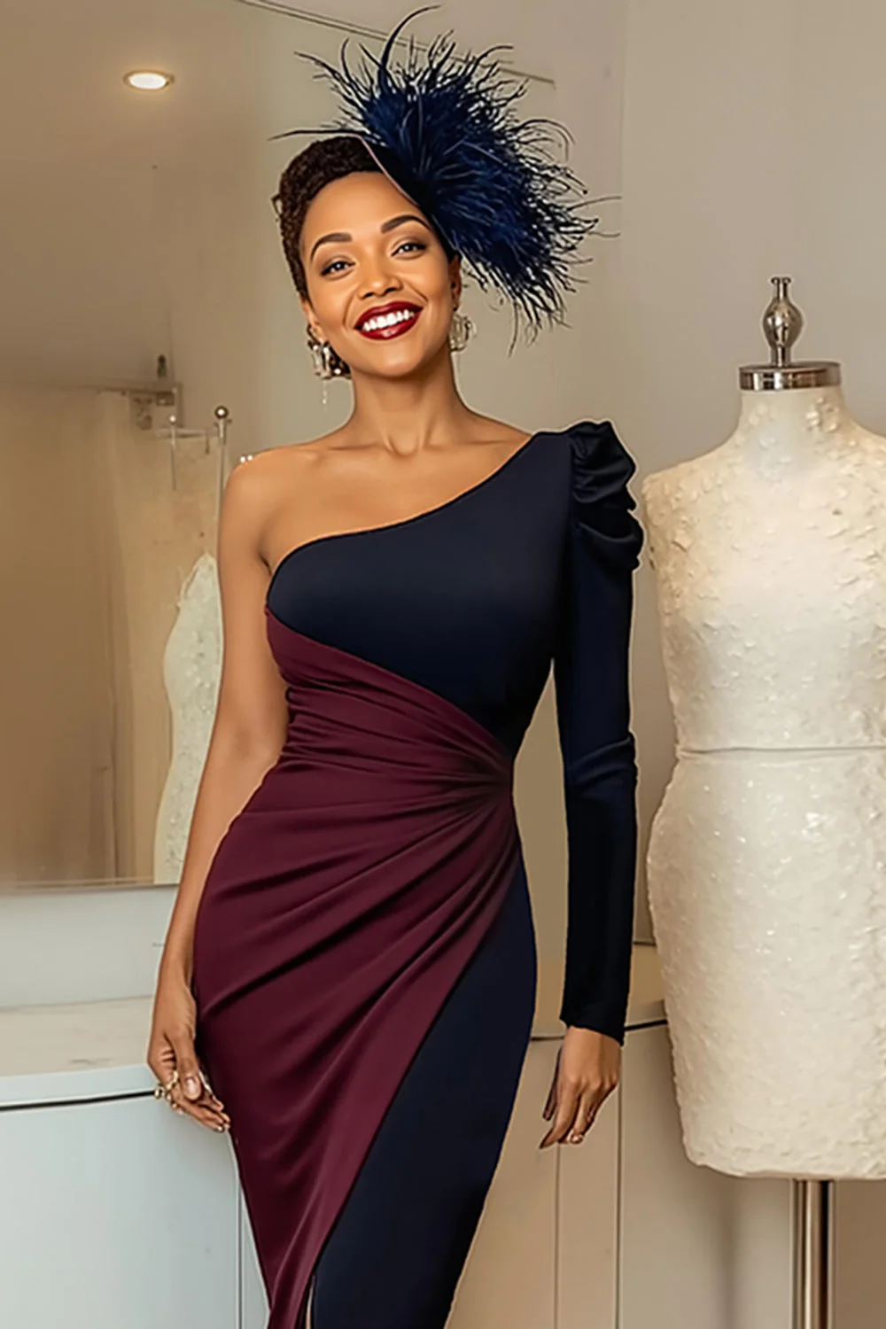 Robe Midi Midi Ruguignon Et Marine Une Épaule Unie De La Mère De La Mariée - Image 3
