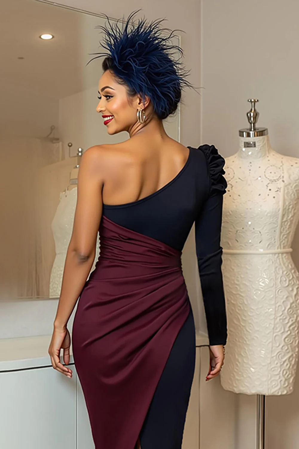 Robe Midi Midi Ruguignon Et Marine Une Épaule Unie De La Mère De La Mariée - Image 4