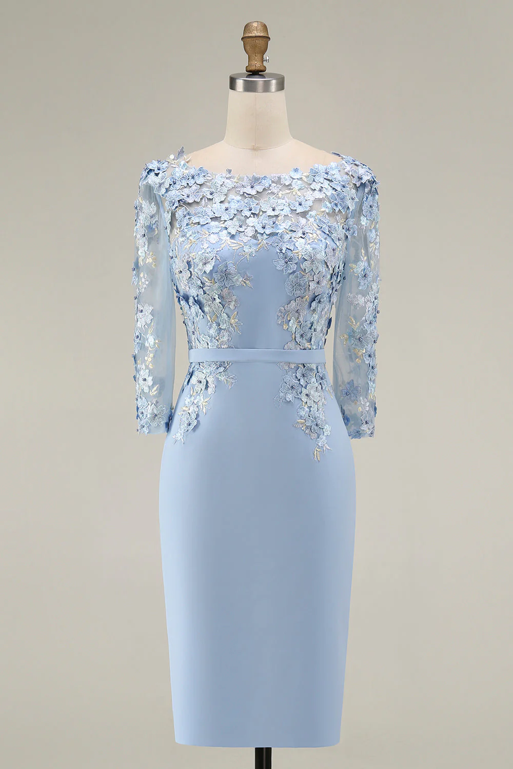 Robe midi Mother of the Bride Mother of the Bride à col bateau bleu clair avec un col en fusil et manches 3/4 - Image 3