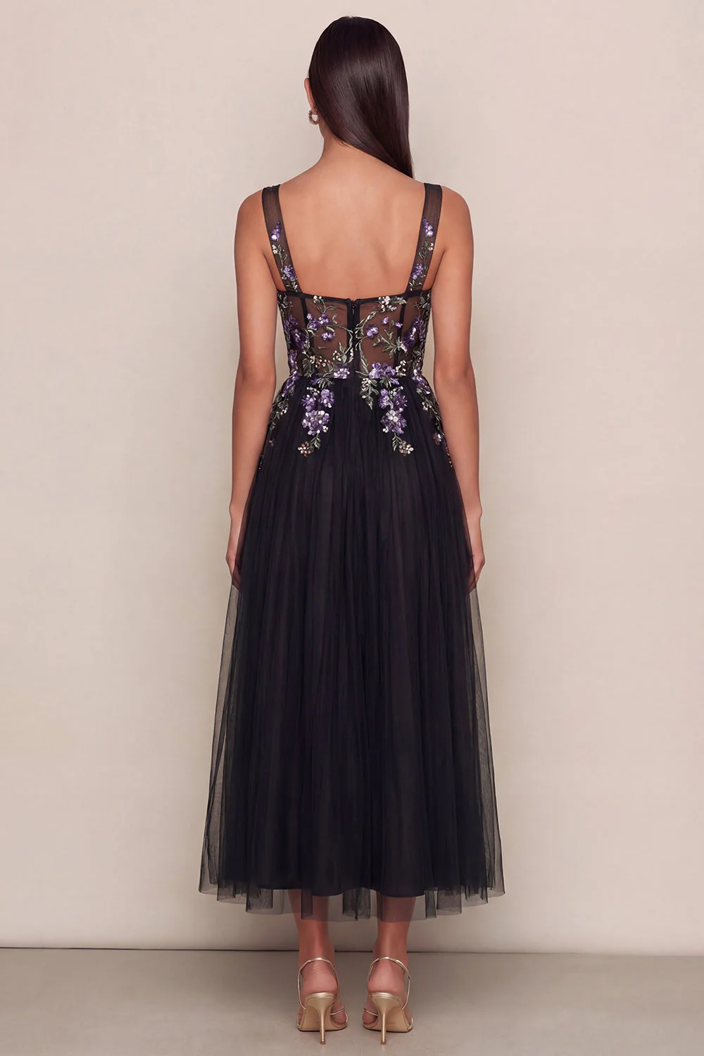 Robe midi noire en tulle à col carré à col carré en ligne A appliquée - Image 2