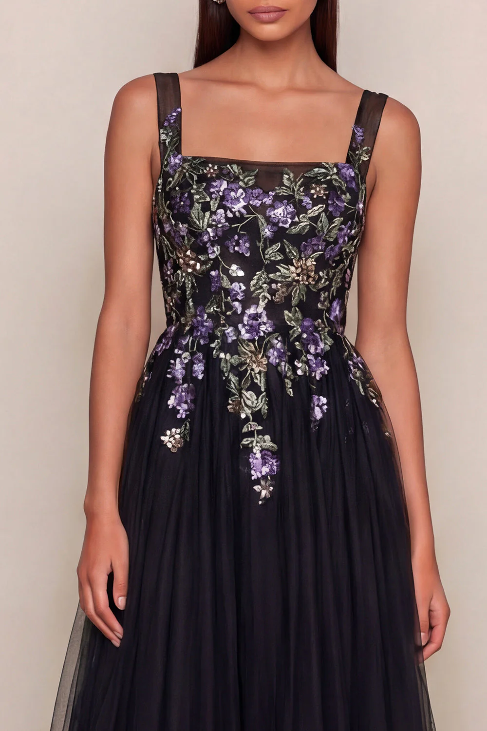 Robe midi noire en tulle à col carré à col carré en ligne A appliquée - Image 3