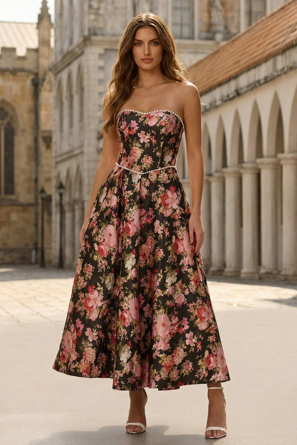 Robe midi noire rose à motifs A-line bretelles avec des perles