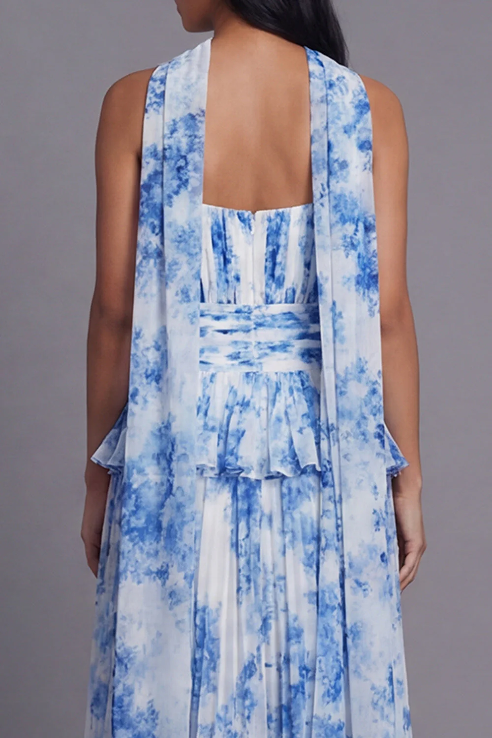 Robe midi plissée plissée à volants A-line Dusty Sage sans bretelles plissées et volants avec écharpe au col - Image 10