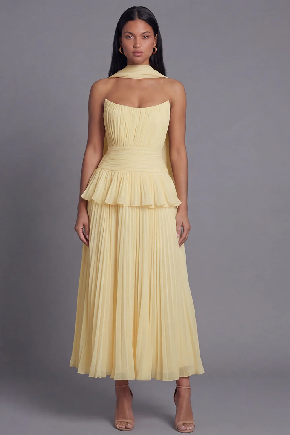 Robe midi plissée plissée à volants A-line Dusty Sage sans bretelles plissées et volants avec écharpe au col - Image 13