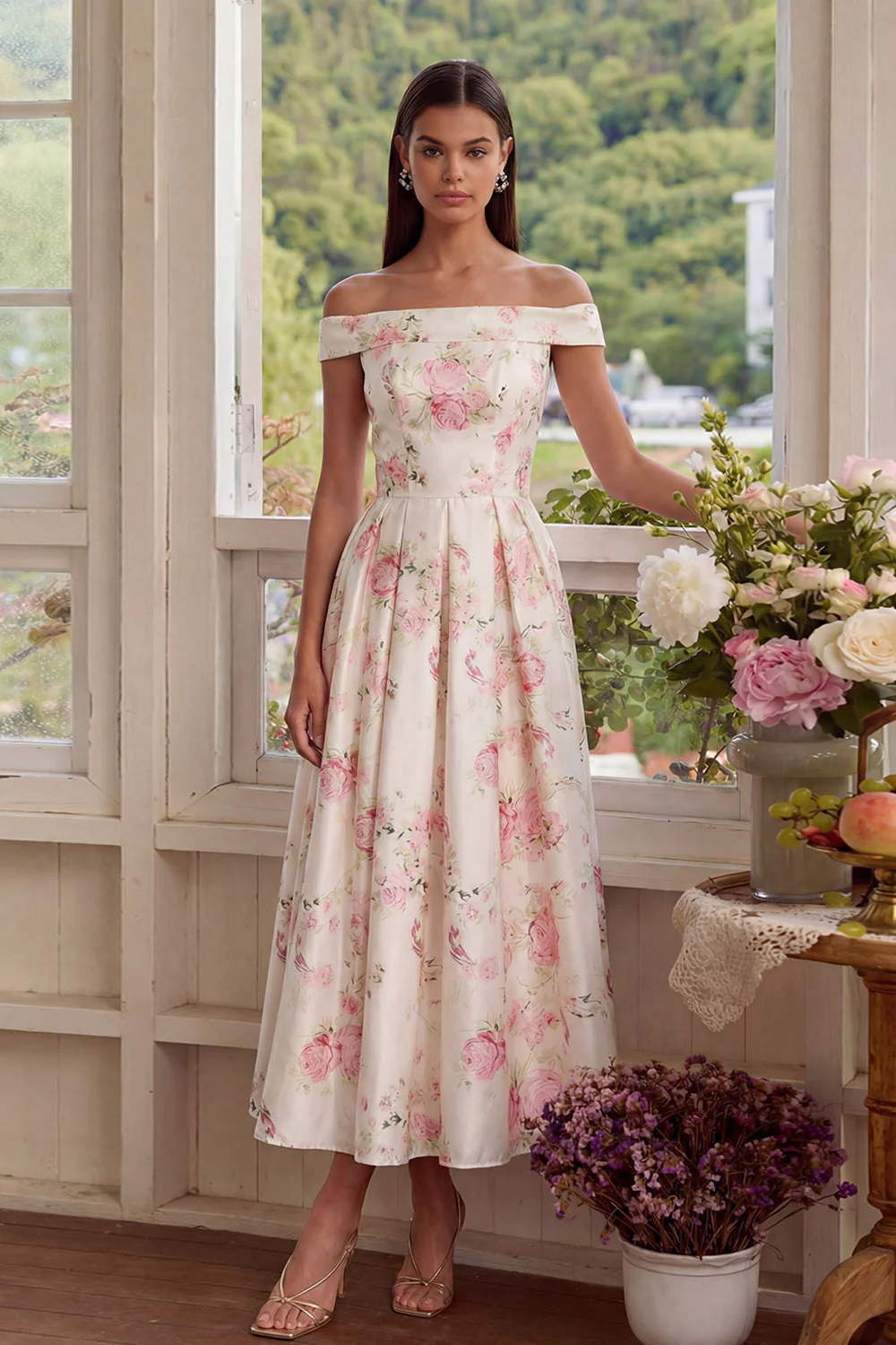 Robe d'invitée de mariage midi rose et blanc ligne A épaule dénudée