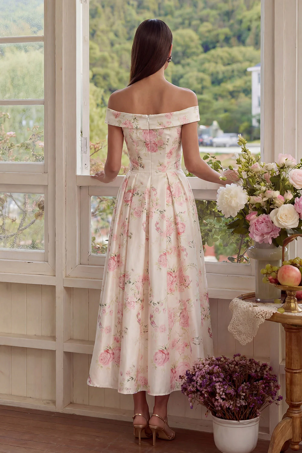 Robe d'invitée de mariage midi rose et blanc ligne A épaule dénudée - Image 2