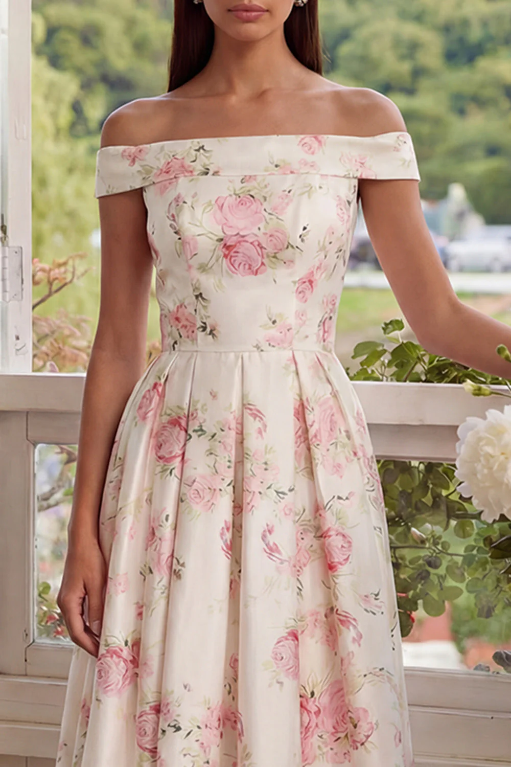Robe d'invitée de mariage midi rose et blanc ligne A épaule dénudée - Image 3
