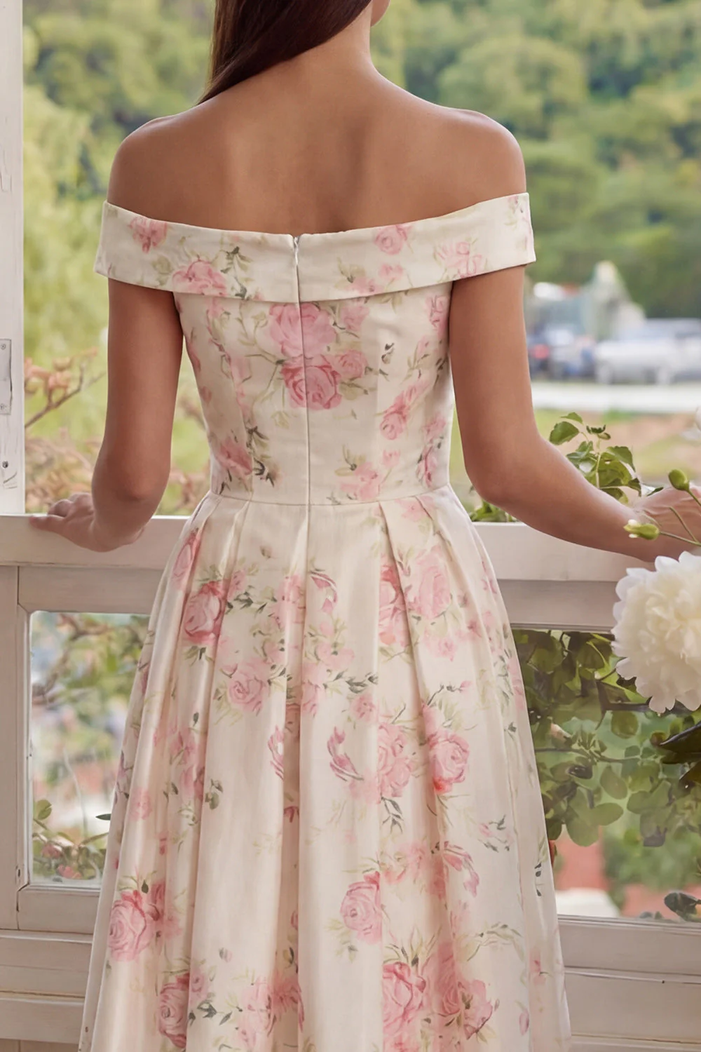 Robe d'invitée de mariage midi rose et blanc ligne A épaule dénudée - Image 4