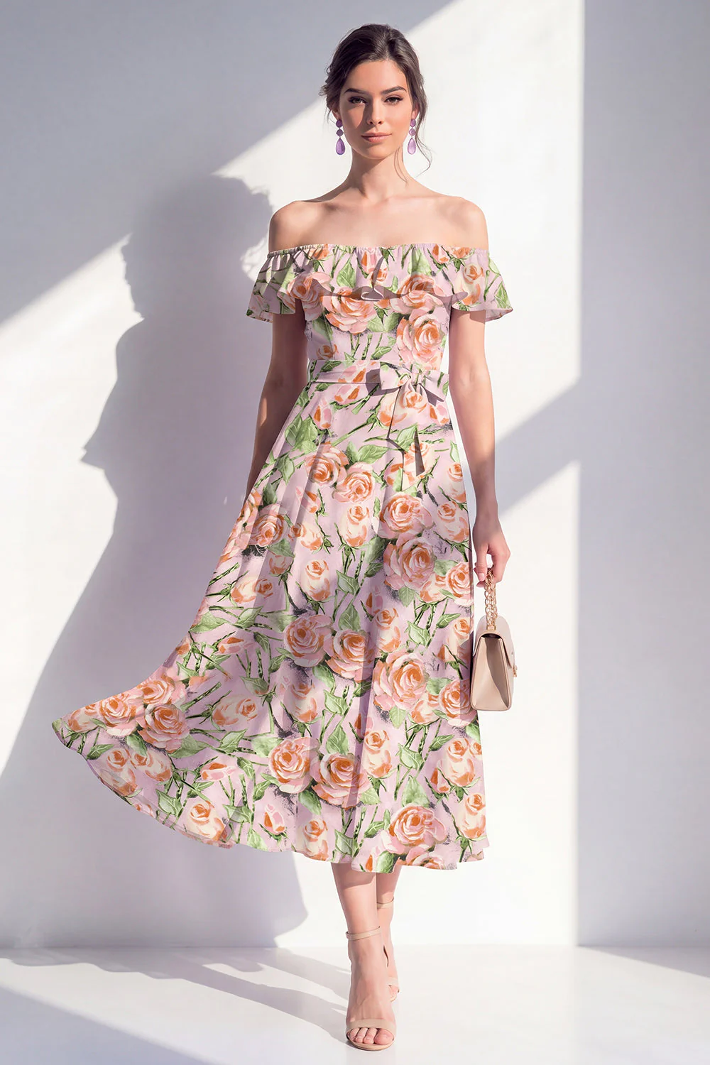 Robe midi rose en ligne A à fleur décollée