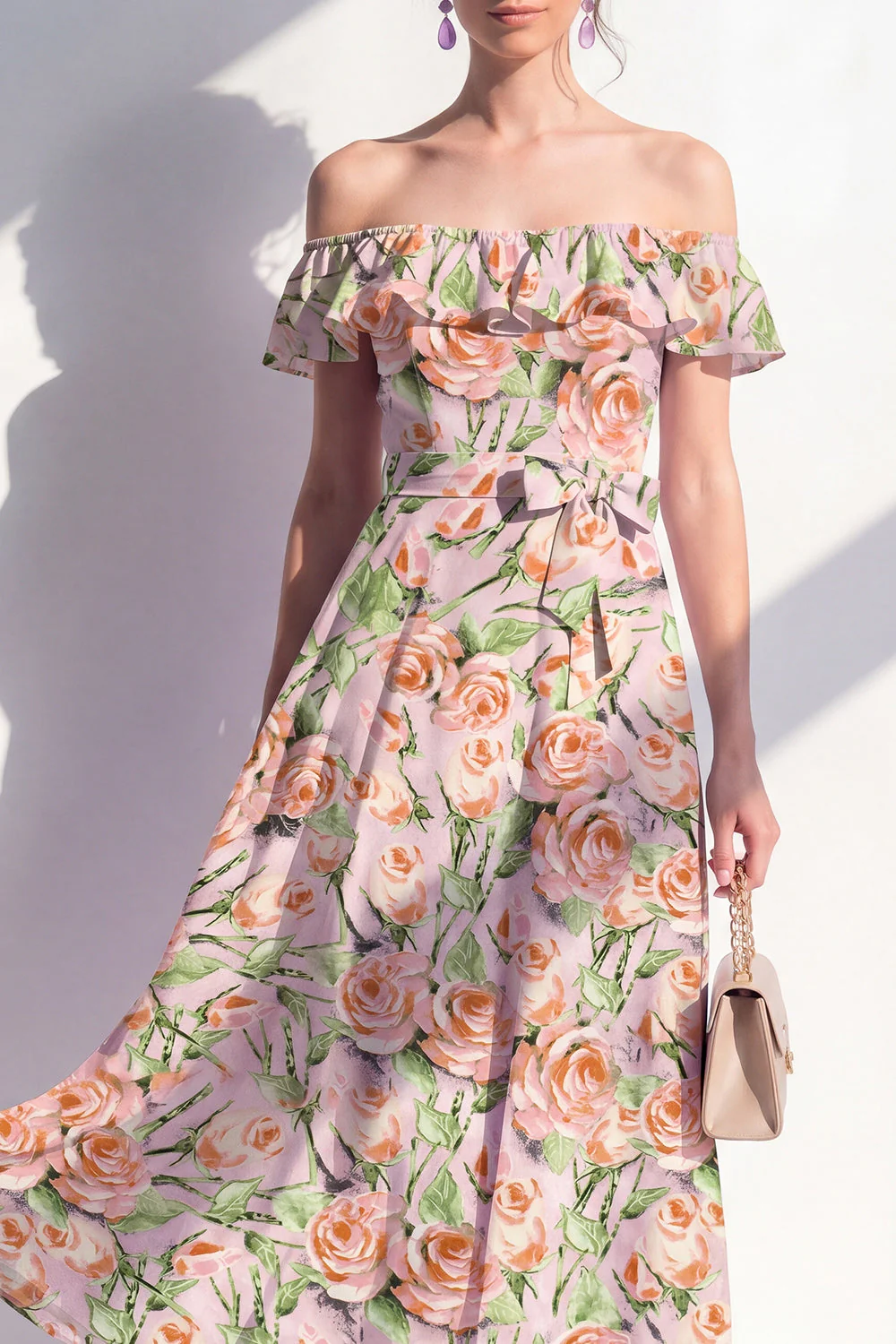 Robe midi rose en ligne A à fleur décollée - Image 3