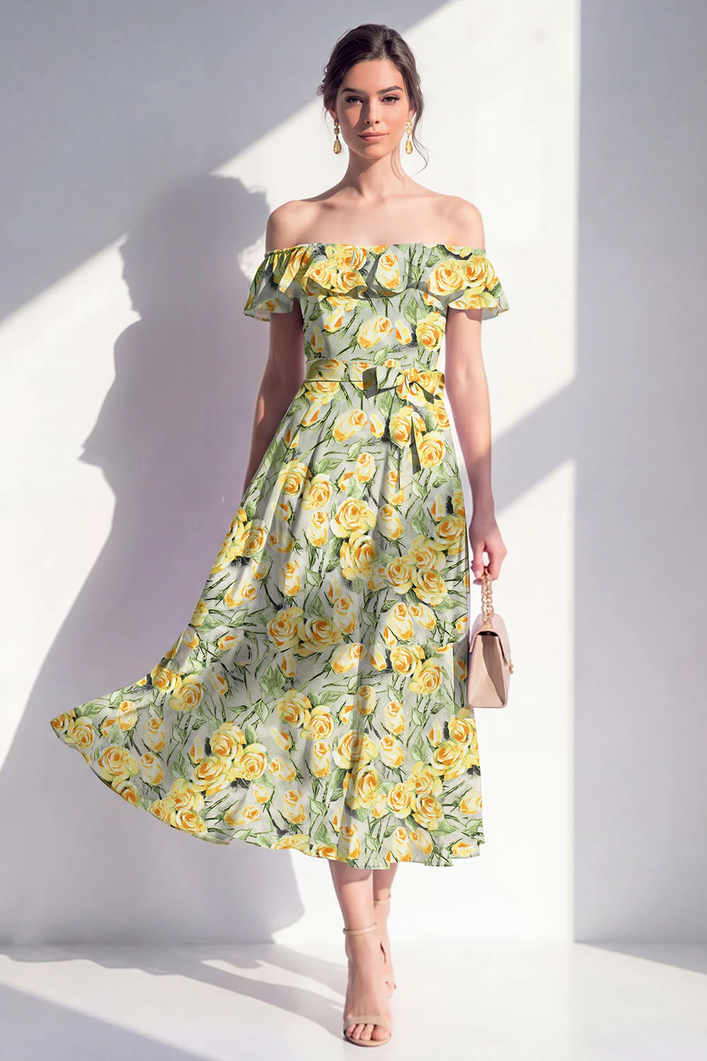 Robe midi rose en ligne A à fleur décollée - Image 5