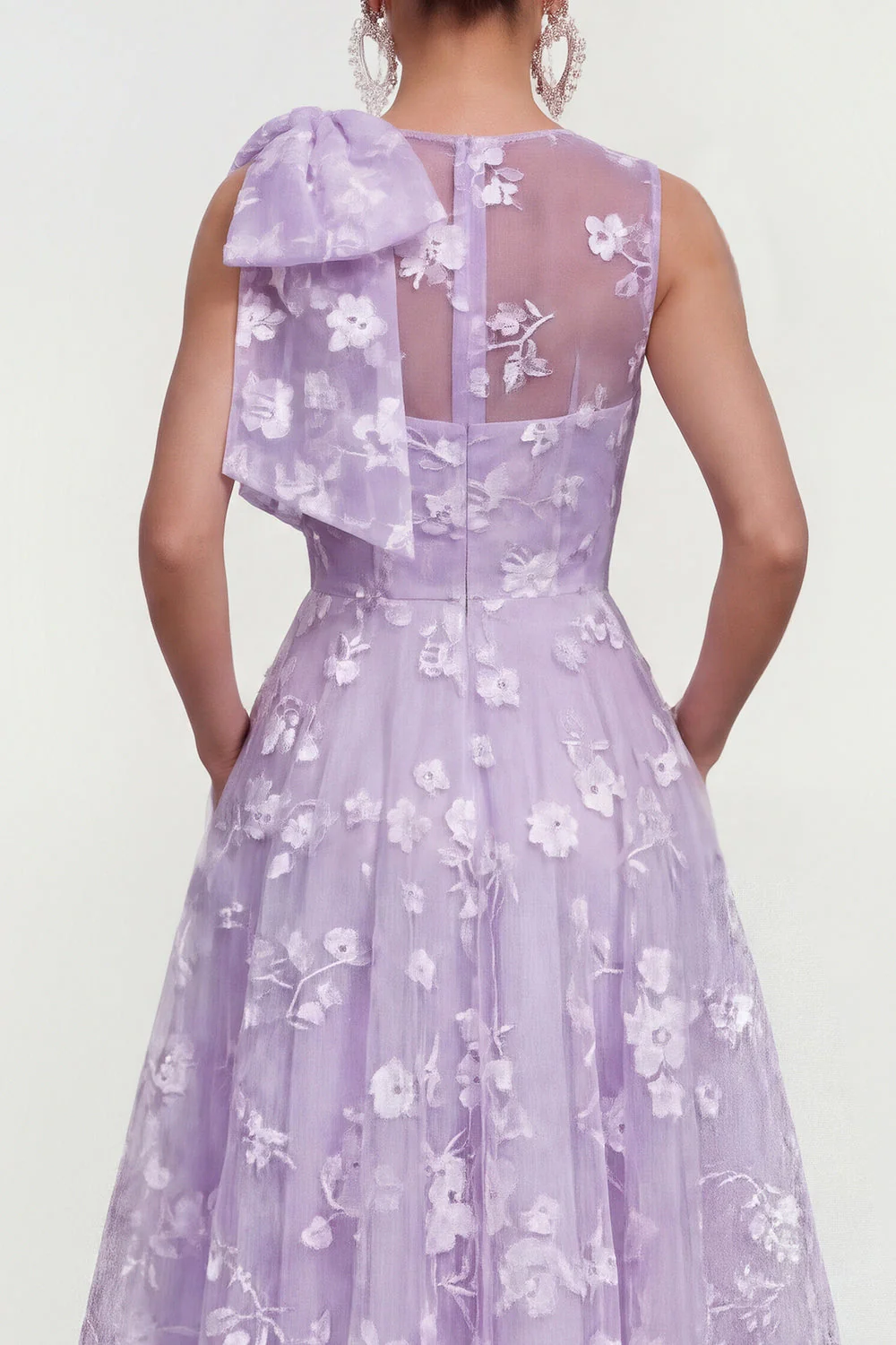 Robe d'invitée de mariage midi rose ligne A col rond nœud imprimé floral avec poches - Image 12