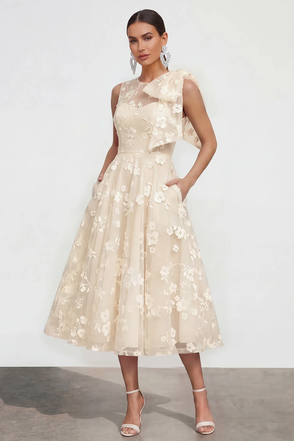 Robe d'invitée de mariage midi rose ligne A col rond nœud imprimé floral avec poches - Image 13