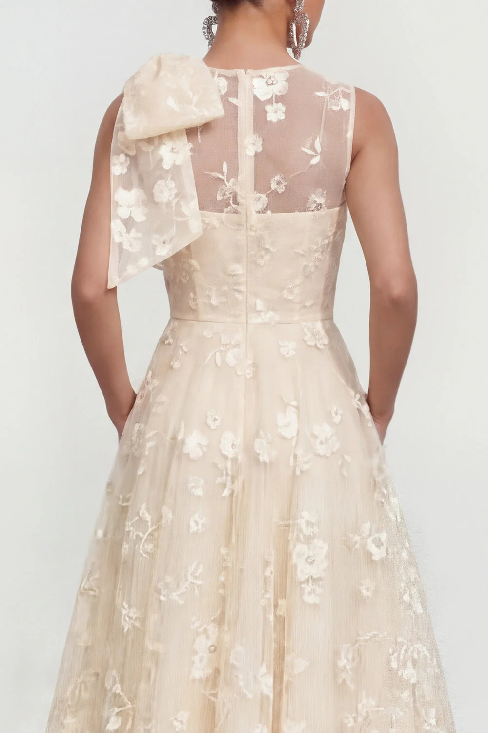 Robe d'invitée de mariage midi rose ligne A col rond nœud imprimé floral avec poches - Image 16