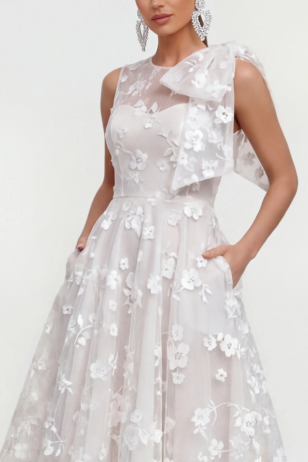 Robe d'invitée de mariage midi rose ligne A col rond nœud imprimé floral avec poches - Image 19