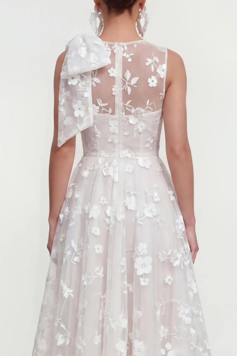 Robe d'invitée de mariage midi rose ligne A col rond nœud imprimé floral avec poches - Image 20