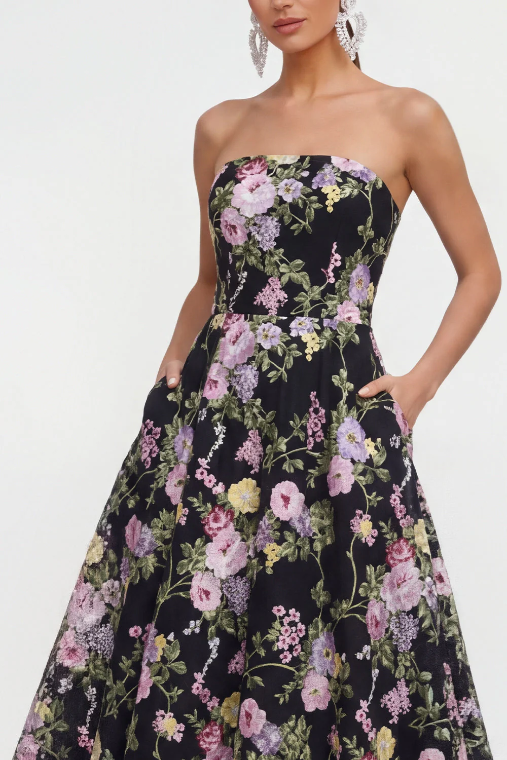 Robe midi sans bretelles A Line Fleur rose noire avec poches - Image 3
