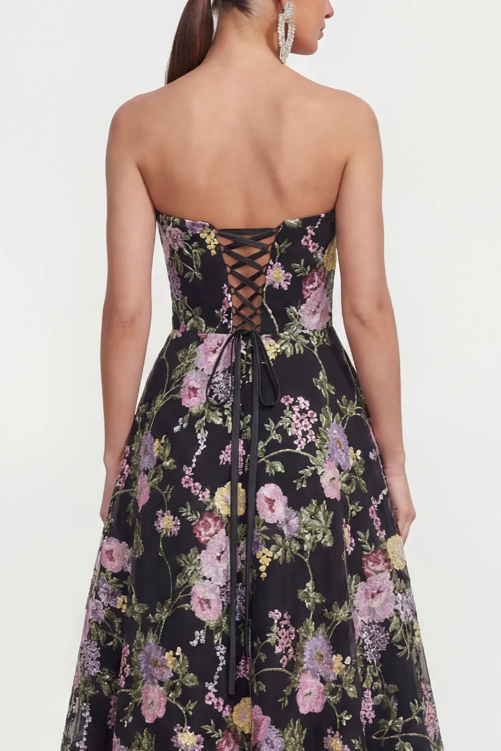 Robe midi sans bretelles A Line Fleur rose noire avec poches - Image 4