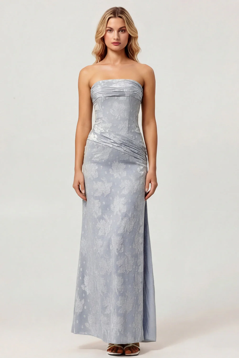 Robe Midi sans bretelles à motif bleu poussiéreux et fente