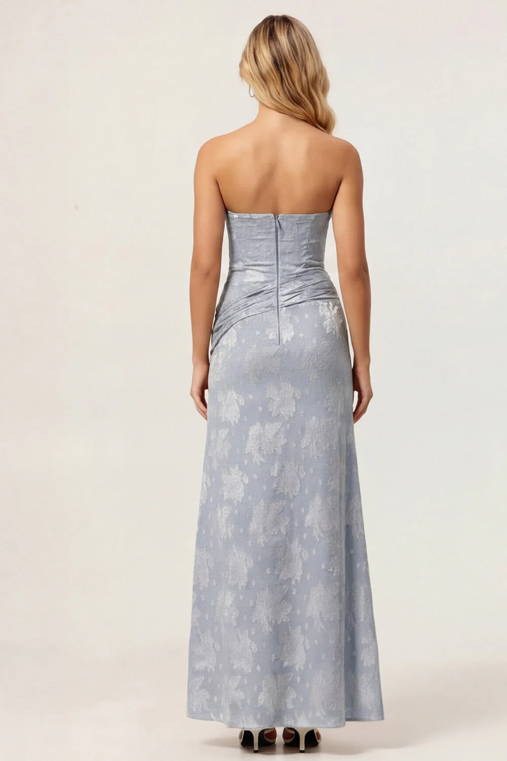 Robe Midi sans bretelles à motif bleu poussiéreux et fente - Image 2