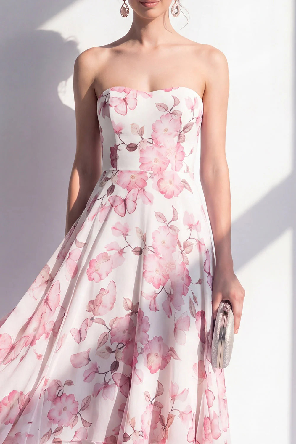 Robe midi sans bretelles en chiffon rose en ligne A - Image 3