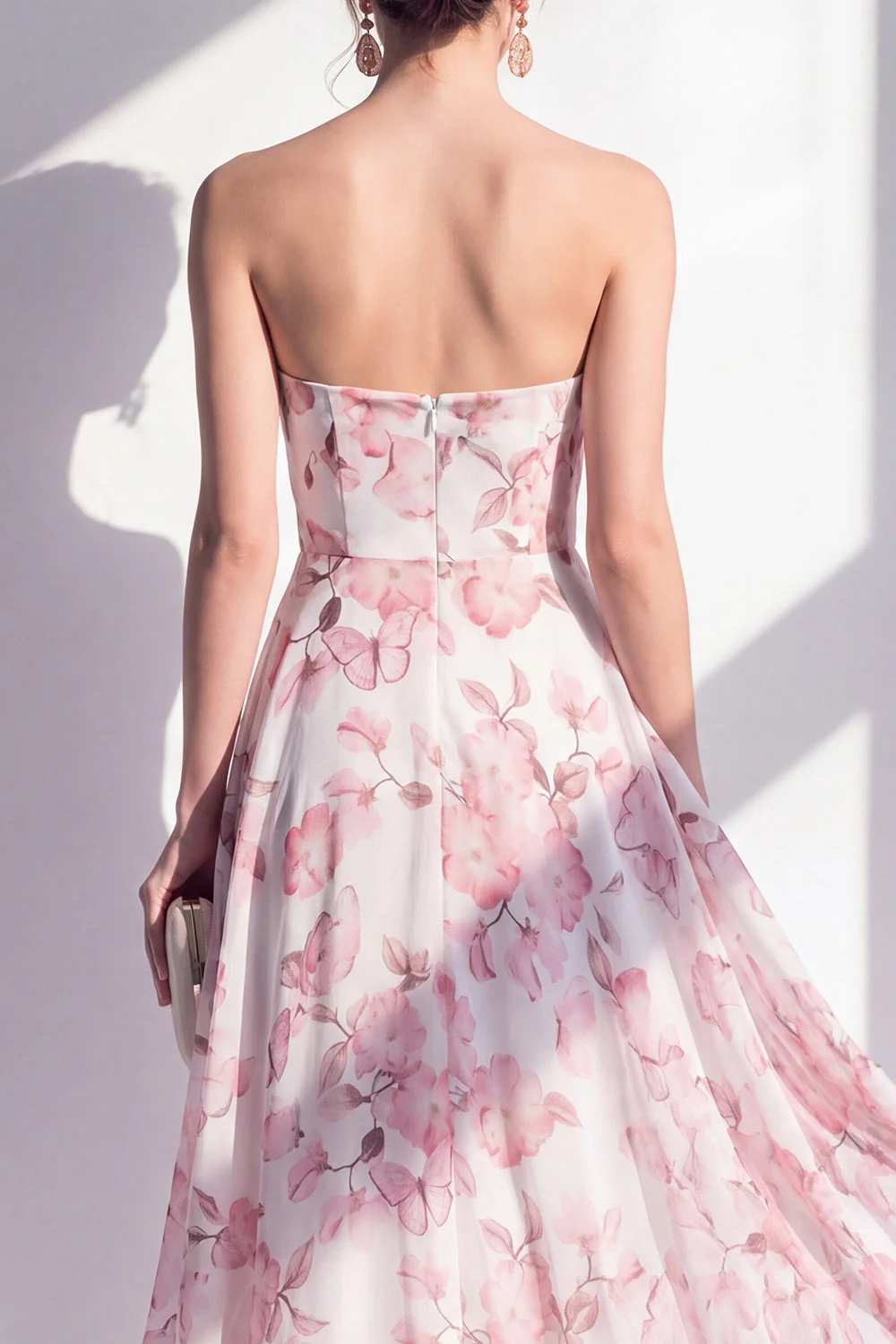 Robe midi sans bretelles en chiffon rose en ligne A - Image 4