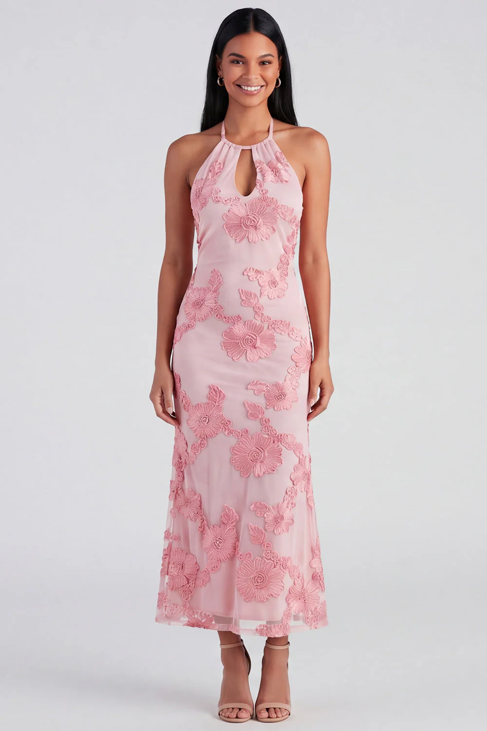 Robe midi sirène à col nu bleu avec broderie florale - Image 8