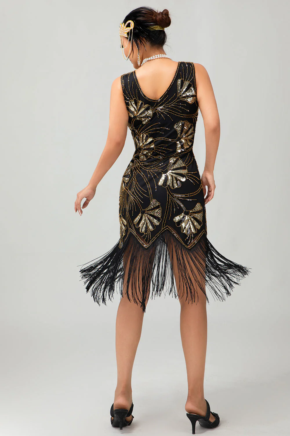 Robe moulante à clapet à paillettes dorées rouges à paillettes dorées des années 1920 avec pompons - Image 10