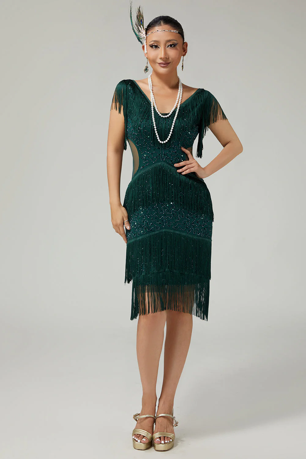Robe moulante à franges à sequins vert foncé à volants des années 1920 avec ensemble de 5 accessoires - Image 5