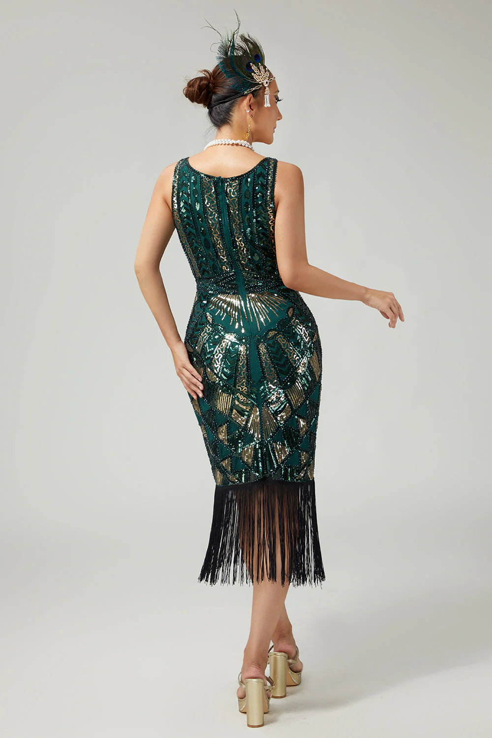 Robe moulante à franges vert foncé scintillante des années 1920 avec ensemble de 5 accessoires - Image 2