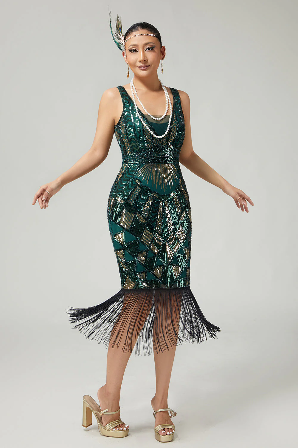 Robe moulante à franges vert foncé scintillante des années 1920 avec ensemble de 5 accessoires - Image 4