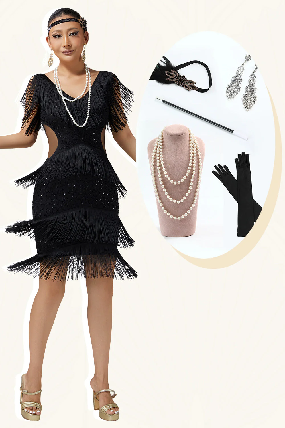 Robe moulante à paillettes à franges à volants à col en V noir des années 1920 avec ensemble de 5 accessoires