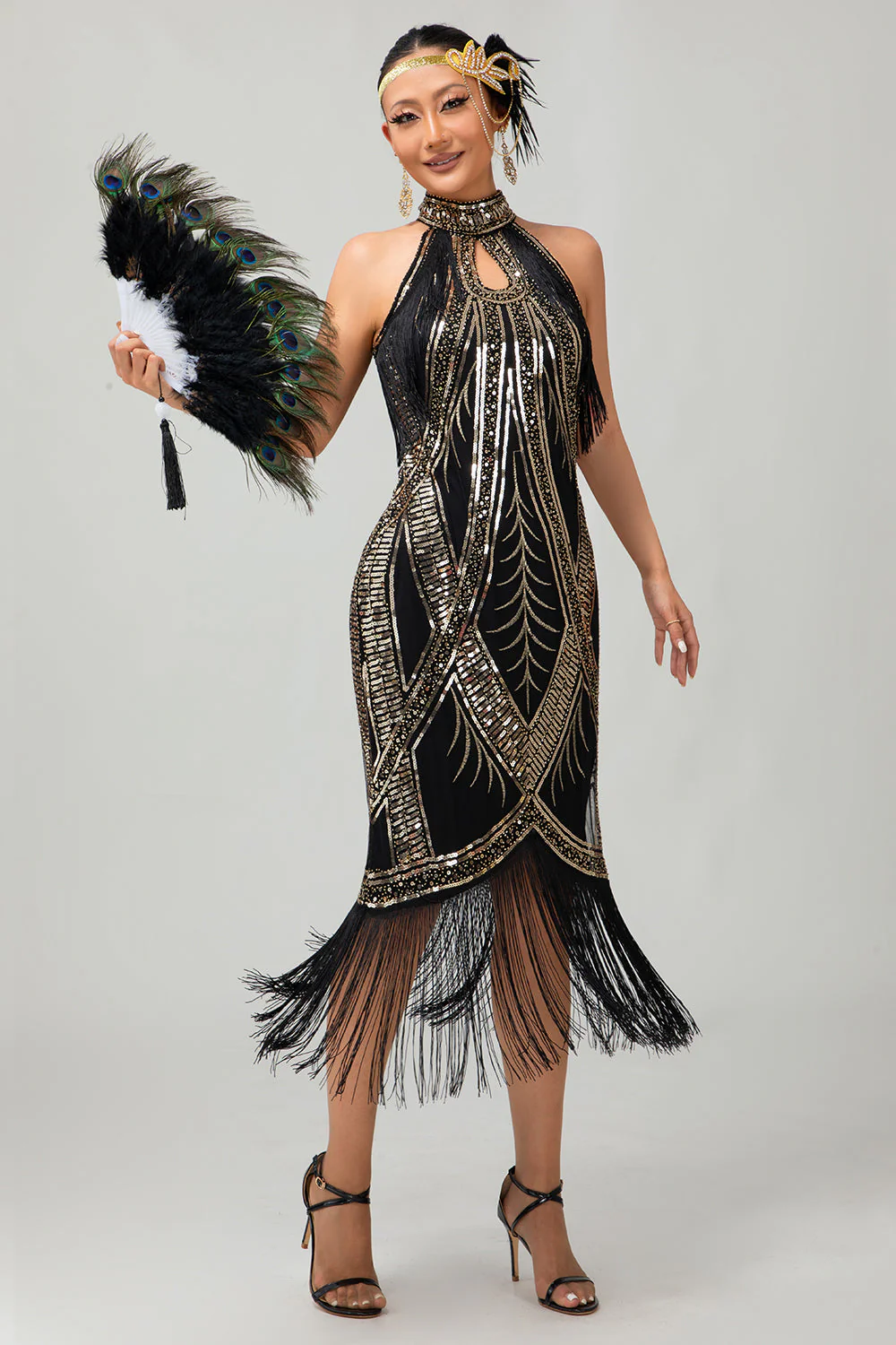 Robe style années 20 noire et dorée à franges et paillettes - Image 4