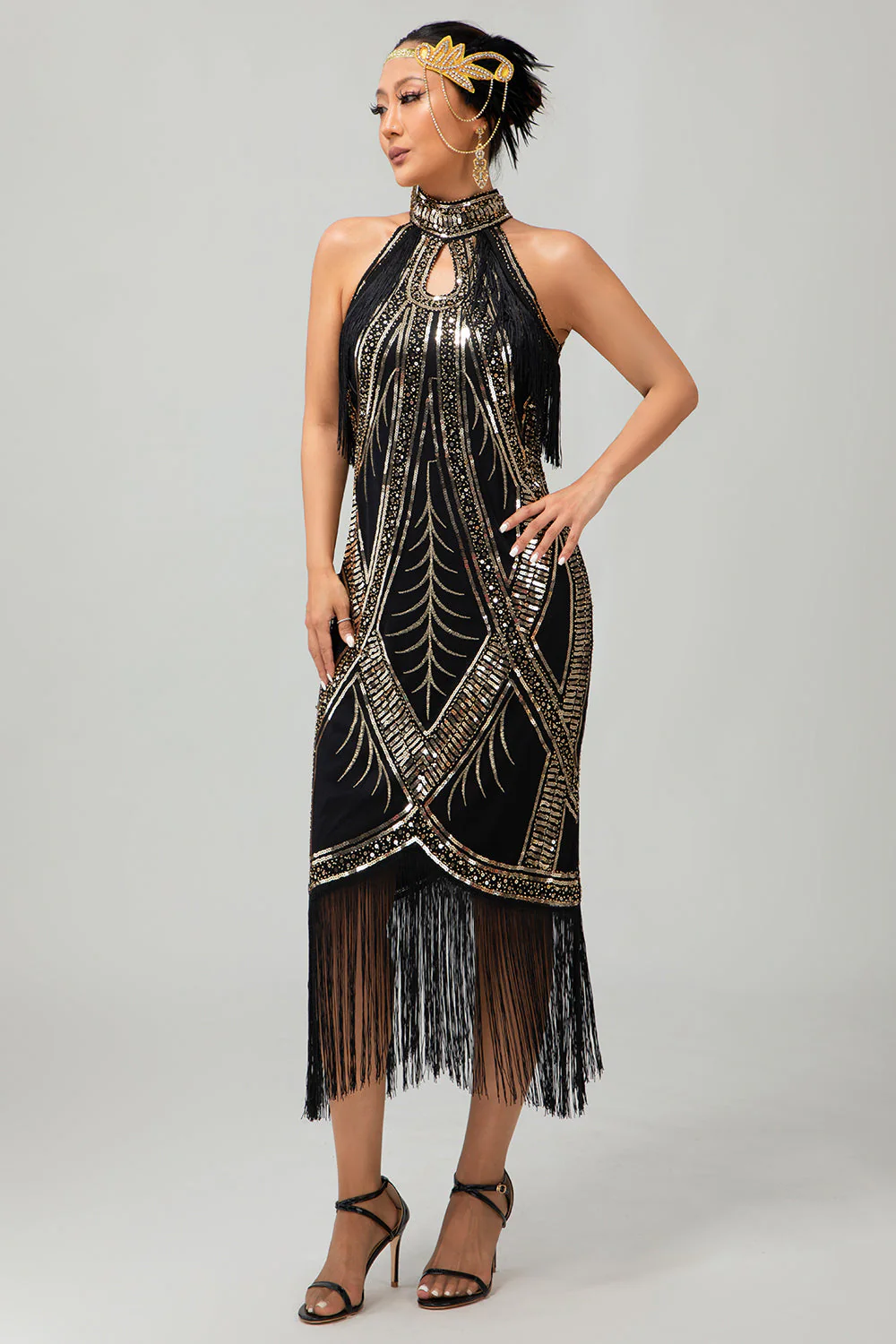 Robe style années 20 noire et dorée à franges et paillettes - Image 5