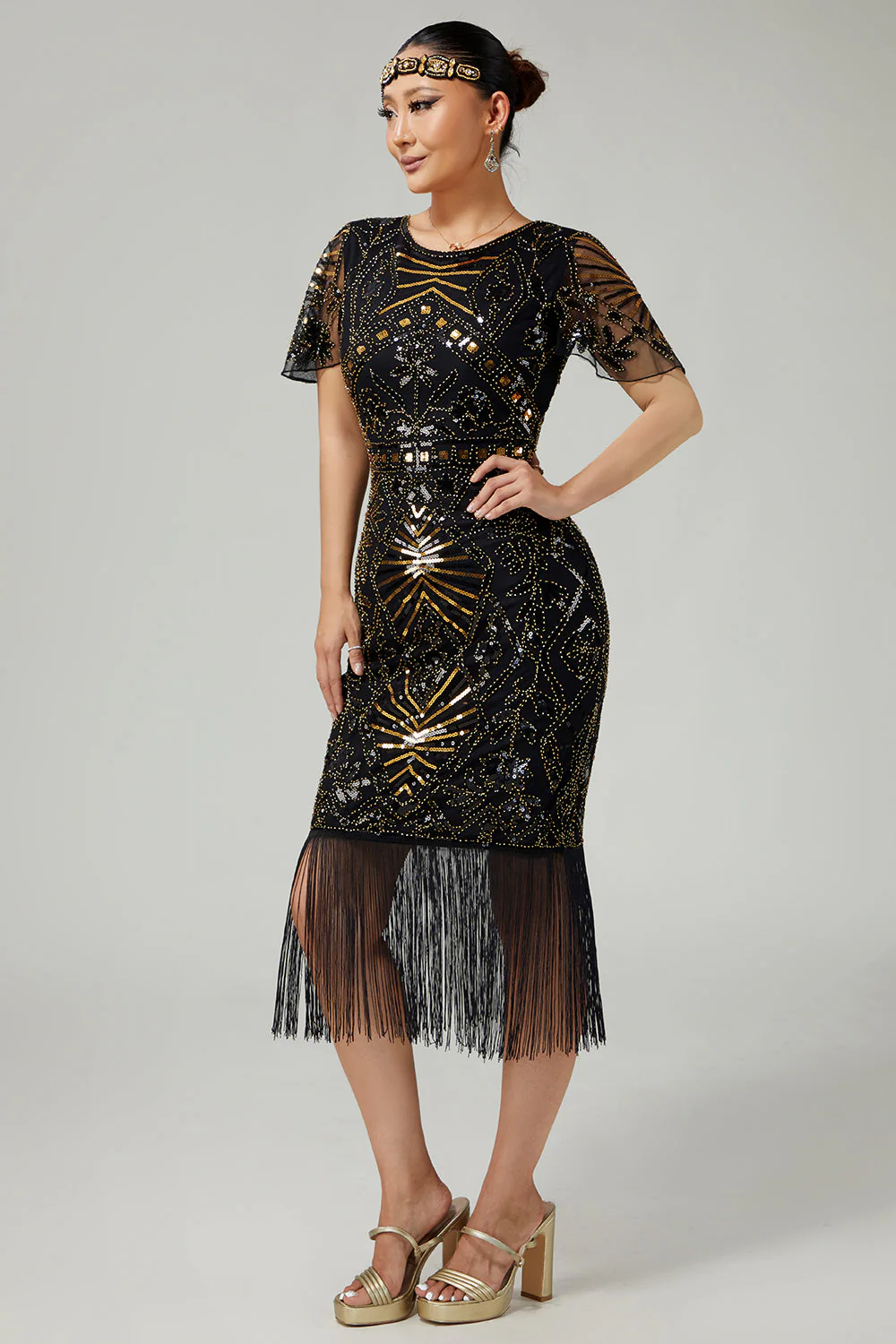 Robe moulante à paillettes frangées dorées noires des années 1920 avec ensemble de 5 accessoires - Image 6