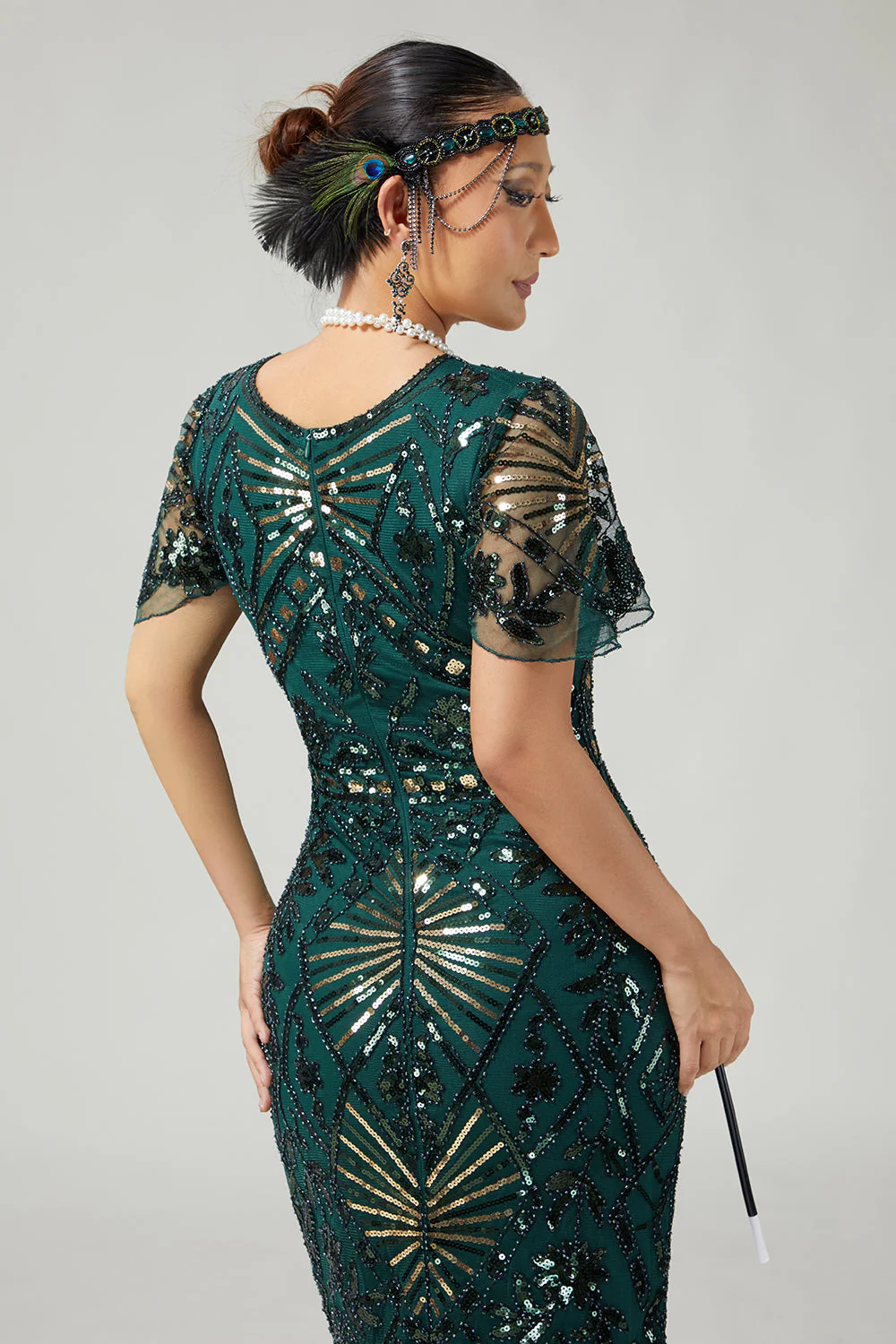 Robe moulante à paillettes vert foncé à franges des années 1920 avec ensemble de 5 accessoires - Image 5