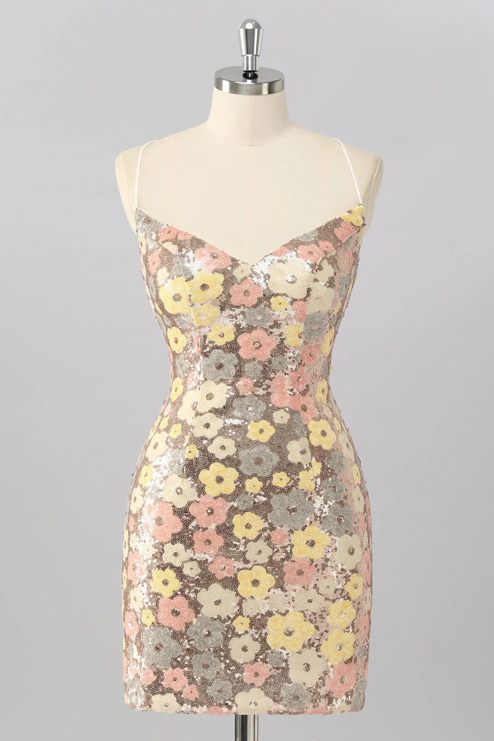 Robe moulante à sequins floraux jaunes Mini Homecoming