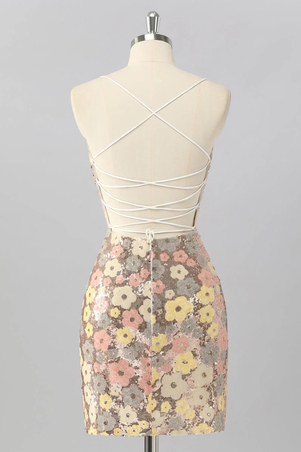 Robe moulante à sequins floraux jaunes Mini Homecoming - Image 2