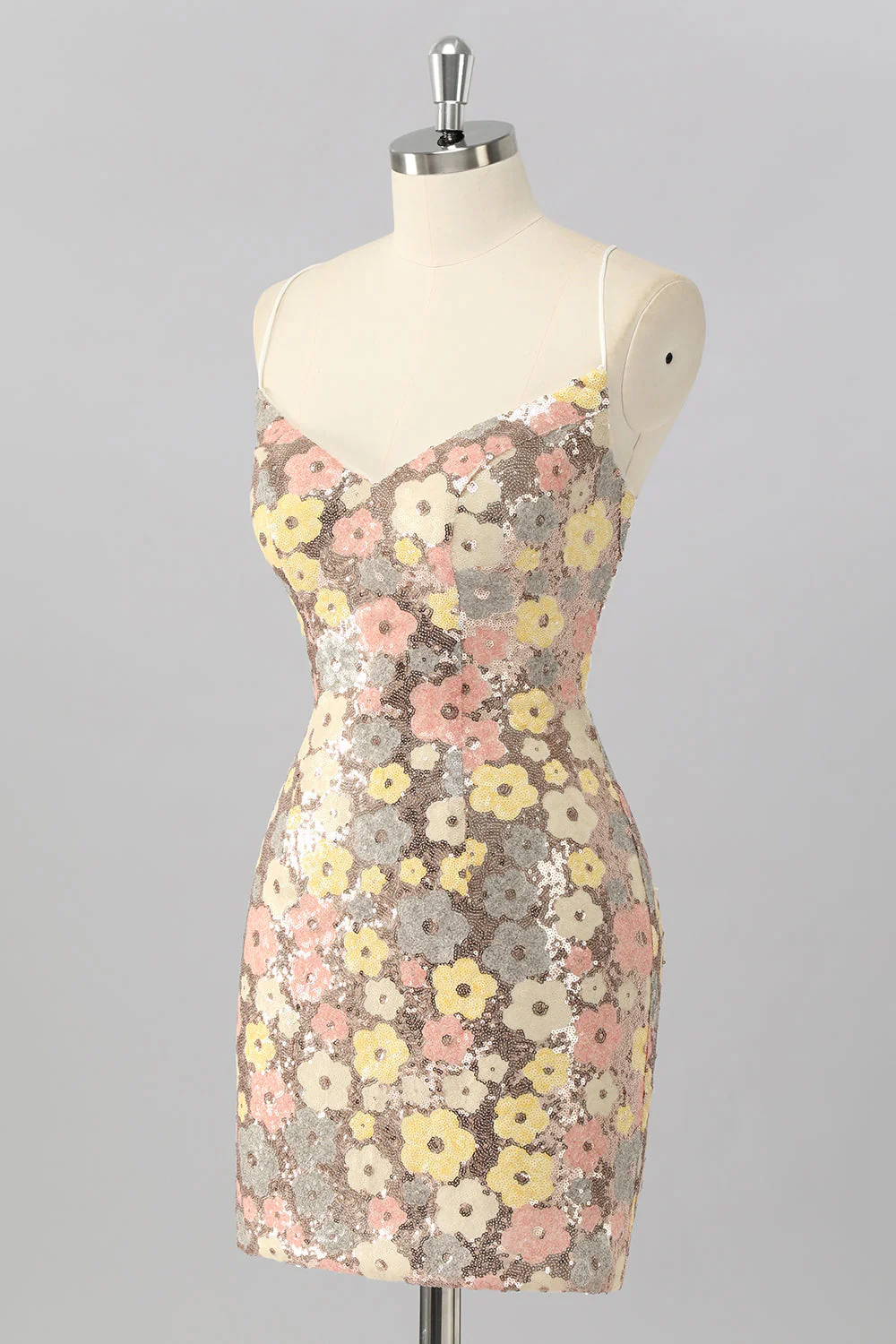 Robe moulante à sequins floraux jaunes Mini Homecoming - Image 3