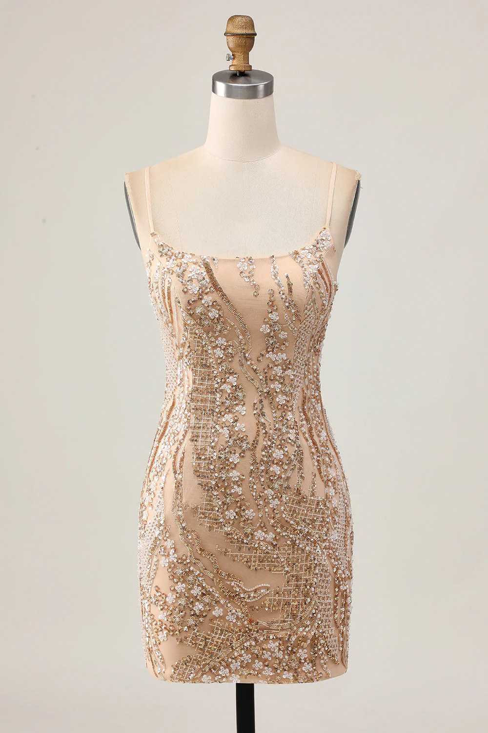 Robe moulante de retour à la maison à paillettes champagne scintillante avec perles