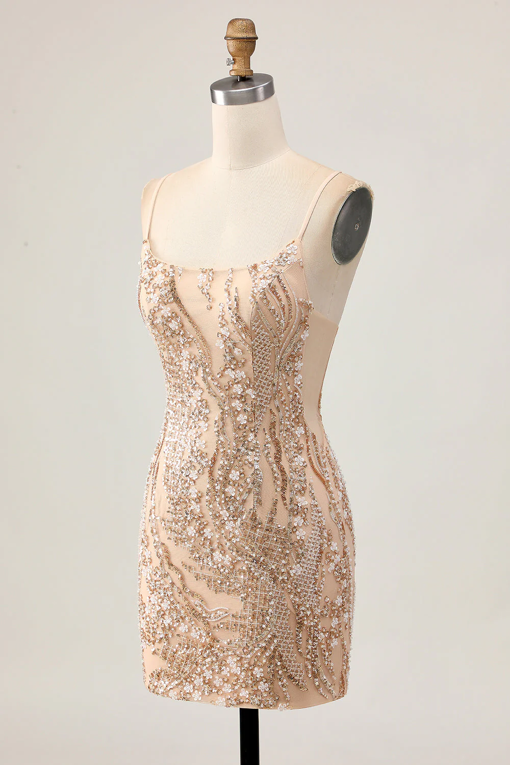 Robe moulante de retour à la maison à paillettes champagne scintillante avec perles - Image 3