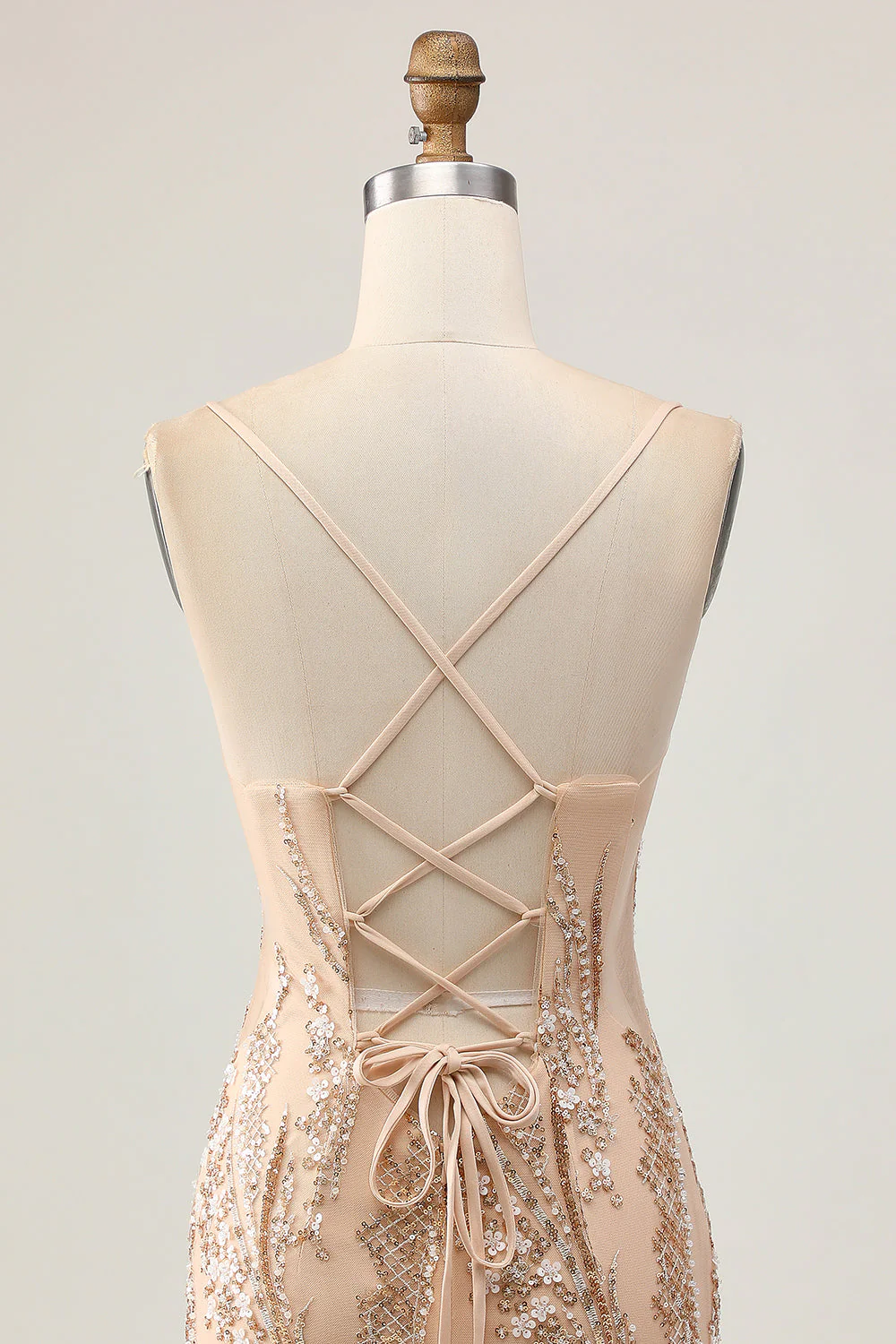 Robe moulante de retour à la maison à paillettes champagne scintillante avec perles - Image 5