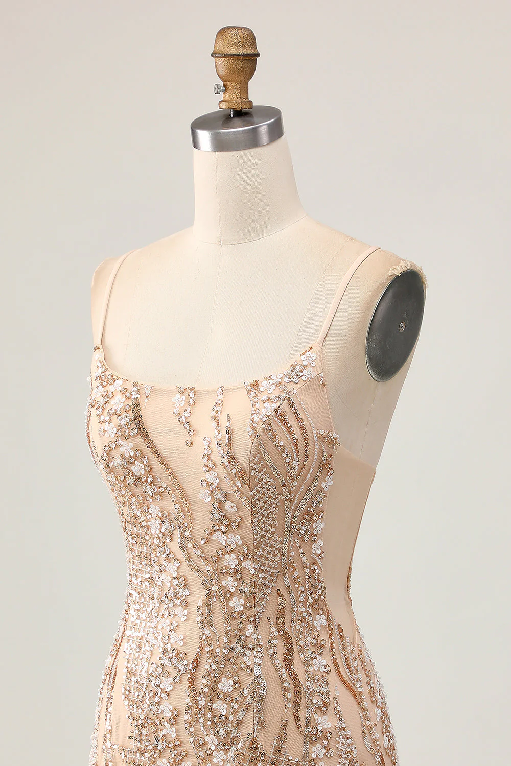 Robe moulante de retour à la maison à paillettes champagne scintillante avec perles - Image 6