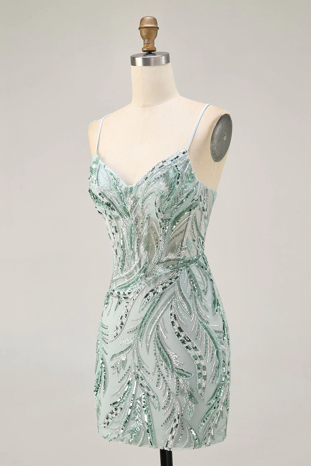 Robe de cocktail moulante aux alentours perlée verte avec lacets dans le dos - Image 5
